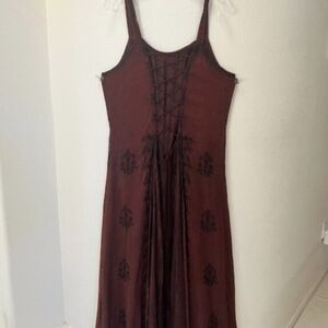 Vintage Renaissance Medieval Maxi Flowy Dress Maroon & Black Flocked Floral 1x